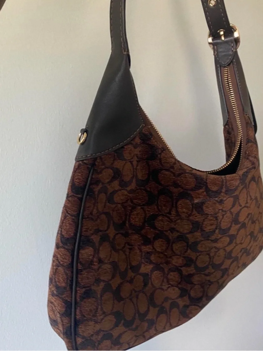 Coach Dark Brown Signature Jacquard Hobo Bag with Black Trim
